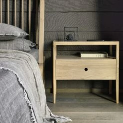 Ethnicraft Oak Spindle Bedside Table, 1 Draw -Living Sales Store Ethnicraft Oak Spindle Bedside Open Room Image